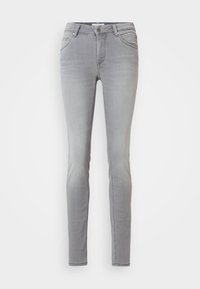 Grå denim skinny jeans med midjehöjd, fyra fickor och en slät yta. Har bälteshällor och en klassisk knappstängning.