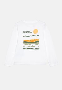 Long-sleeve white shirt featuring a colorful mountain landscape graphic in green, orange, and yellow with "COLUMBIA SPORTSWEAR" text.