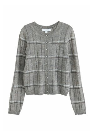 Gray button-up cardigan with long sleeves and a subtle white and black plaid pattern.
