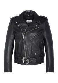 Svart lädermotorcykeljacka med dubbelknäppt design, silverdetaljer, fickor med dragkedja och midja med bälte. Slät textur.