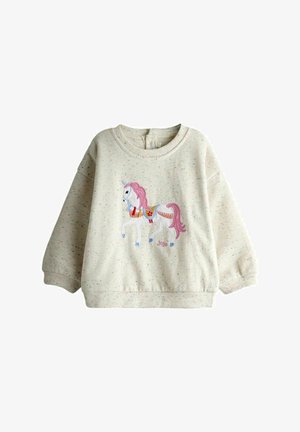Kremfarvet småbørnssweatshirt med prikker og en broderet enhjørning med lyserød manke på forsiden samt ribkant ved ærmer og talje.