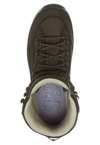 Donkerbruine mid-top schoen met textiel, ronde neus, contrasterende lichte bies en zwarte veters. Inclusief een patroon in de binnenzool.