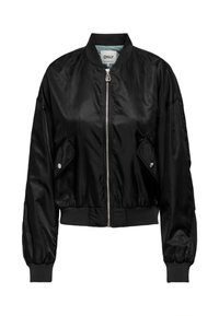 Black cropped bomber jacket made of shiny satin fabric. Features ribbed cuffs and waistband, front zip closure, and side pockets.