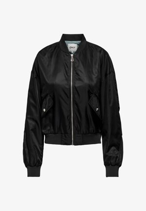 Black cropped bomber jacket made of shiny satin fabric. Features ribbed cuffs and waistband, front zip closure, and side pockets.