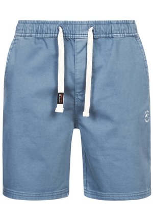 Shorts en mélange de coton bleu avec une taille élastique, un cordon blanc et un petit logo sur le côté gauche à l'avant.