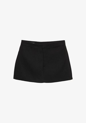 Sort miniskørt med en struktureret talje, glat tekstur og lige silhuet. Har ingen synlige lommer eller udsmykninger.
