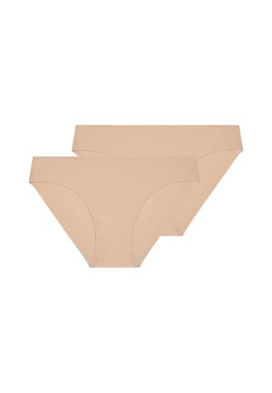 Two beige seamless bikini-style underwear pieces stacked on a white background.