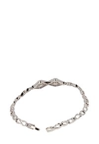 Ez egy ezüst lánc karkötő, hullámos mintázattal, középen két szemmel, textúrázott kapcsolódásokkal és biztonságos záródással. Az egész felület sima.