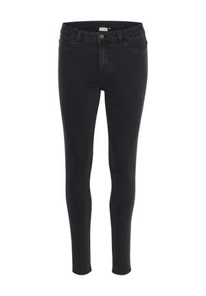 Black skinny jeans made of denim; features a classic five-pocket design, contrast stitching, and a front button and zipper closure.