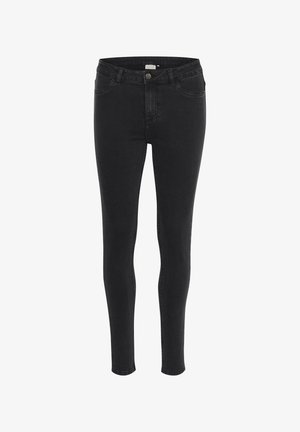 Black skinny jeans made of denim; features a classic five-pocket design, contrast stitching, and a front button and zipper closure.