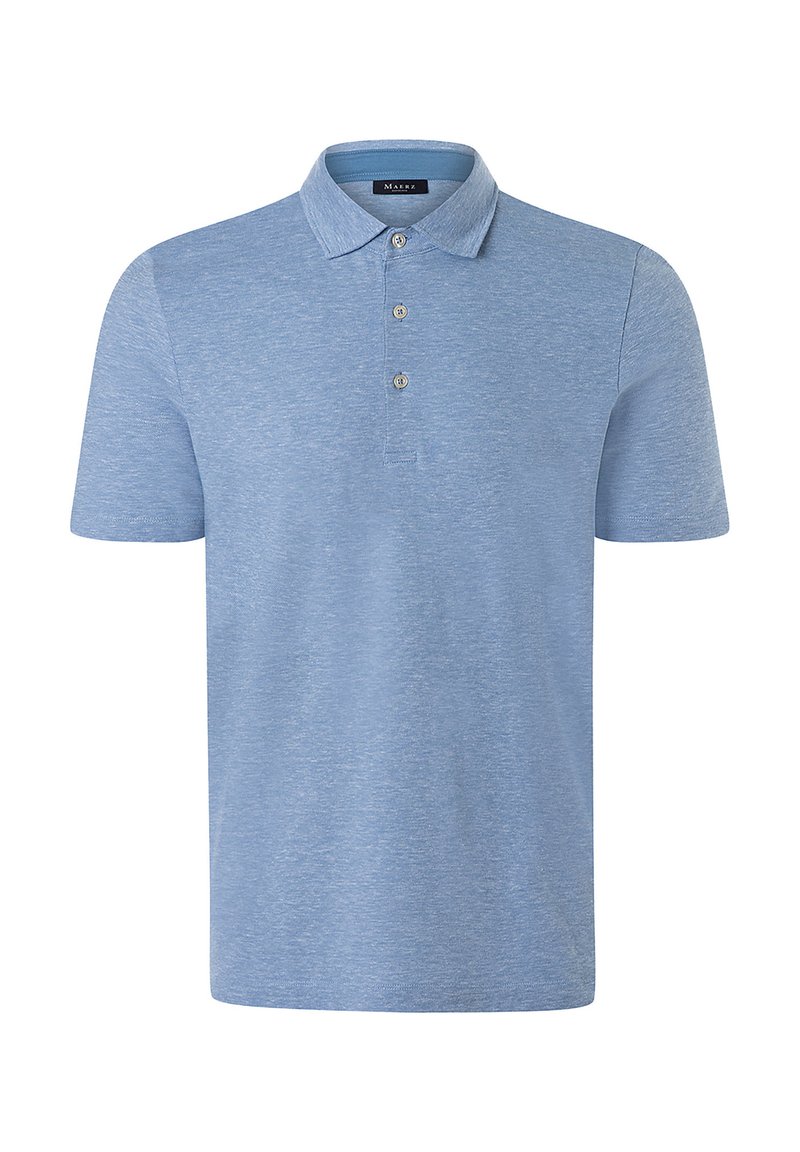 Světle modrá polo tričko vyrobené z bavlněné směsové tkaniny. Má klasický límeček, tříknoflíkovou légu, krátké rukávy a jemnou texturu.