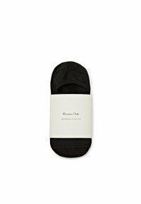 Schwarze Knöchelsocken aus glattem Material, ordentlich gefaltet und verpackt mit einem weißen Etikett, das den Markennamen und Informationen zur Kollektion zeigt.