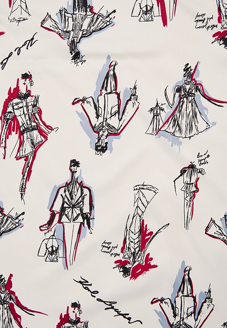 Tessuto a fantasie con schizzi di capi d'abbigliamento in nero con accenti rossi e blu su uno sfondo crema, che mostrano diversi design di moda e posture.