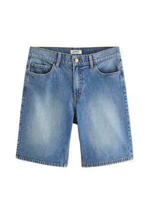 Blå falmede denimshorts med fem lommer, bæltestropper og knaplukning i taljen.