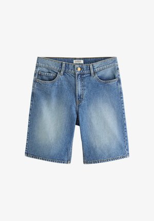 Blå falmede denimshorts med fem lommer, bæltestropper og knaplukning i taljen.