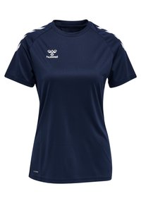 Navy blue short-sleeve sports shirt made of smooth fabric. Features white logo and chevron patterns on shoulders. Fitted design with rounded neckline.