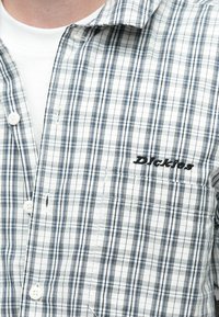 Μπλε και λευκό πουκάμισο με κοντά μανίκια σε καρό μοτίβο, κατασκευασμένο από ελαφρύ  ύφασμα. Διαθέτει κλείσιμο με κουμπιά μπροστά και κεντημένο λογότυπο "Dickies".