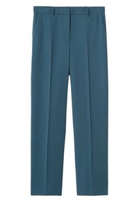 Pantalons droits teal en tissu lisse, avec une taille plate, deux poches latérales et des passants de ceinture à la taille.