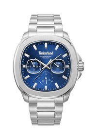 Orologio in acciaio inossidabile con quadrante blu texture, indicatori delle ore argentati e sottodial per la data e il giorno. Resistente all'acqua fino a 50 metri.