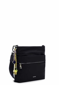 Czarna, syntetyczna torba na ramię z zasuwaną przednią kieszenią, odpinanym paskiem oraz ozdobnymi supełkami i koralikami. Prosty, prostokątny kształt.