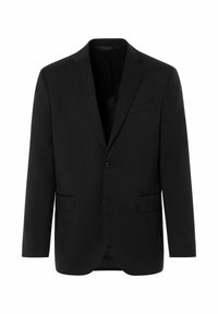 Zwarte blazer van textuurstof, met een enkel knoopsluiting, notch revers en twee voorzakken. Glad binnenwerk zichtbaar.