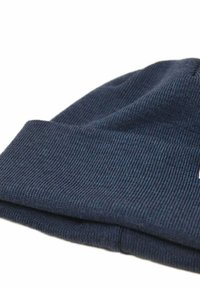 Knitted navy blue beanie hat featuring a ribbed texture and a folded cuff. Includes a small logo tag on the side.