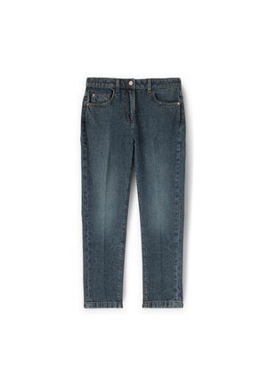 Donkerblauwe denim jeans met een rechte pasvorm, vijf zakken en een knoopsluiting. Licht vervaagde textuur met zichtbare stikseldetails.