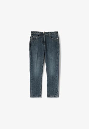 Donkerblauwe denim jeans met een rechte pasvorm, vijf zakken en een knoopsluiting. Licht vervaagde textuur met zichtbare stikseldetails.