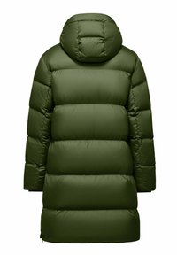 Olijfgroene pufferjas met een capuchon, met een gequilt ontwerp, dikke isolatie en een middellange snit met een rechte zoom.