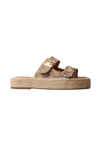 Sandale à bout ouvert avec deux brides réglables en tissu tissé multicolore et une semelle épaisse plateforme en jute tressée.