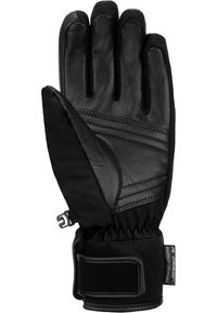 Guanto in pelle nera con un morbido retro in tessuto e una cintura al polso sicura. Presenta dettagli cuciti e una vestibilità ergonomica per il massimo comfort.