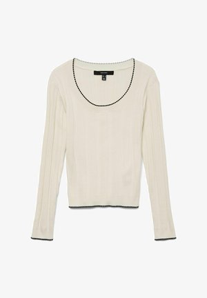 Kremasti dugolapi top s rebrastim uzorkom i okruglim izrezom. Ima crnu obrub uz izrez i rukave. Mekana tekstura s prilagođenim dizajnom.