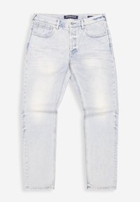 Hellblaue Slim-Fit-Jeans mit Taschen vorne und hinten, Gürtelschlaufen und Knopfverschluss, flach auf einem weißen Hintergrund liegend.