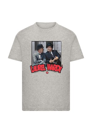 Graues Baumwoll-T-Shirt mit einem Druckbild von zwei Männern in Anzügen und Melonen, mit dem Text "Laurel & Hardy" in Rot darunter.