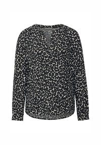 Blusa a maniche lunghe nera e beige con motivo leopardato, design a V, e vestibilità rilassata con orlo arrotondato. Texture del tessuto morbida.