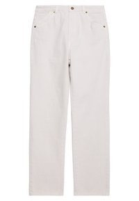 Calças de ganga bege claro, com corte reto, cinco bolsos e detalhes em metal na cintura e nos bolsos.