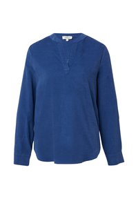 Chemise bleue à manches longues avec un col en V fendu, présentant une coupe décontractée et une texture douce. Fabriquée en tissu léger avec de subtiles lignes verticales.