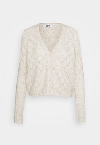 Kremowy sweter robiony na drutach, z diamentowym wzorem, długimi rękawami, dekoltem w kształcie litery V i zapięciem na napy z przodu.