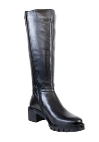 Black leather knee-high boot with a chunky heel, side zipper, smooth texture, and sturdy sole with a tread pattern.