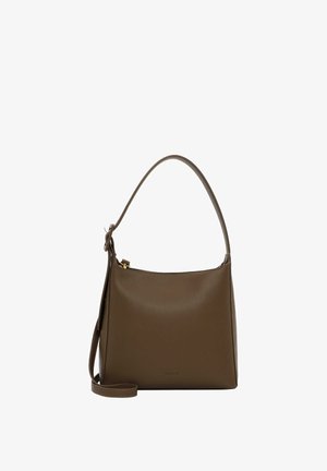 Brun læder håndtaske med et enkelt topgreb og en justerbar skulderrem, der har en guld lynlås lukning.