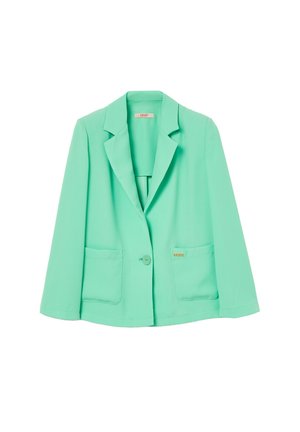 Blazer verde menta con rever a punta, chiusura a un bottone e due tasche frontali. Realizzato in un tessuto liscio con una vestibilità su misura.