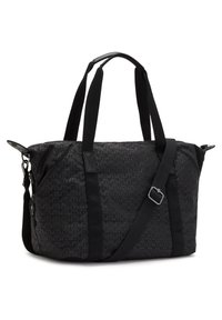 Black fabric tote bag with a geometric pattern, featuring dual top handles, detachable shoulder strap, and zippered compartments.
