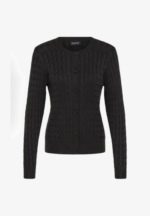 Fekete kötött kardigán kerek nyakkivágással, textúrált zsinórmintával, hosszú ujjakkal és hat gombbal a frontján.