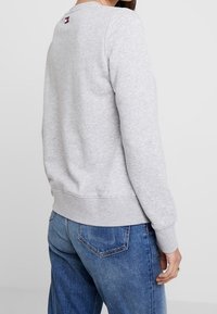 Sudadera gris hecha de tela suave, con un cuello redondo y puños acanalados. La parte posterior muestra una pequeña etiqueta de logo en el cuello.
