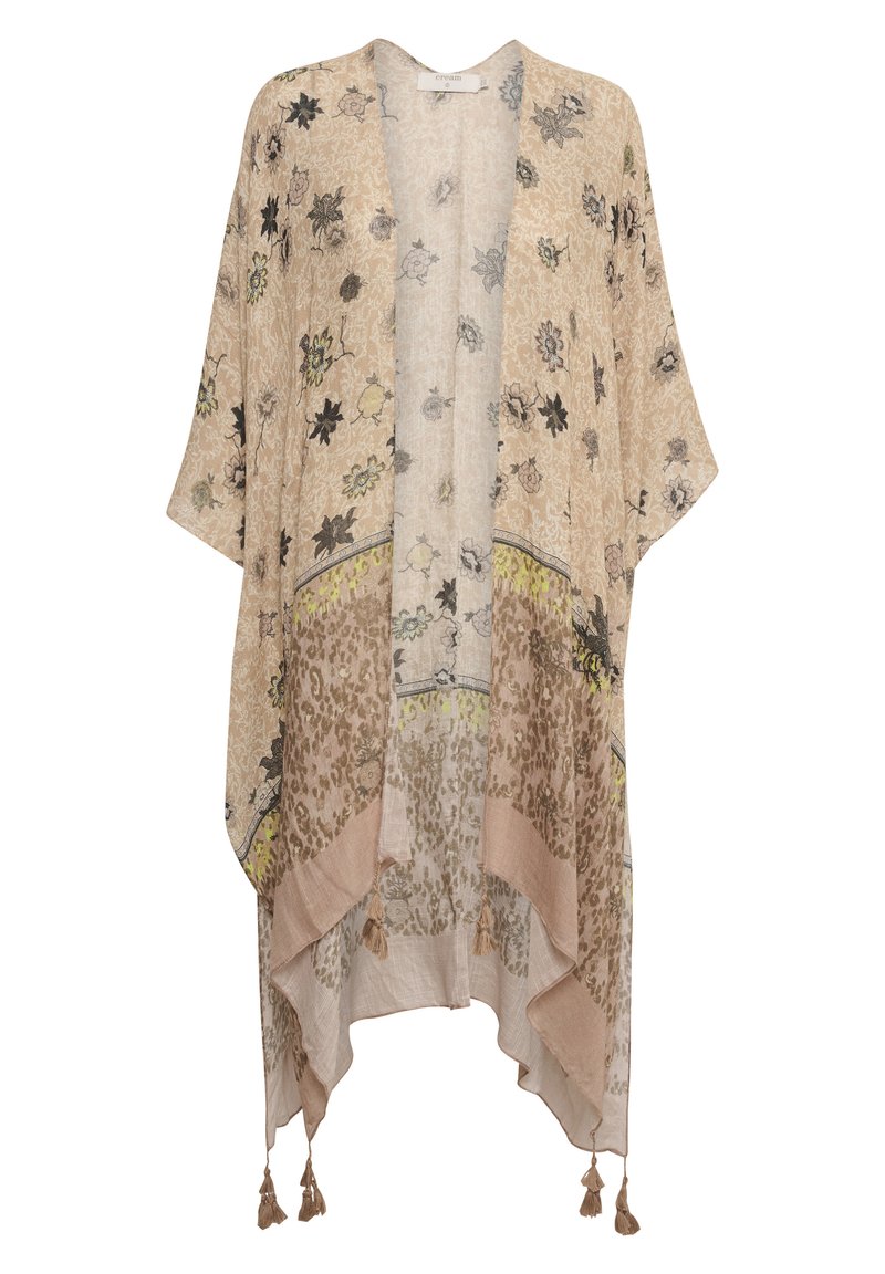 Beež kimono lille- ja leopardimusteritega. Kerge kangas, avatud esikülg, voolavad varrukad, lõpetatud tutikega allääres.