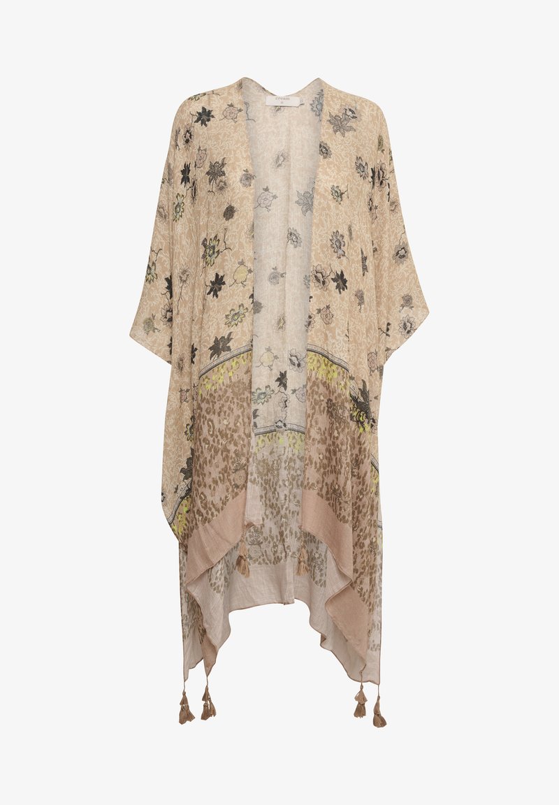 Kimono bej cu modele florale și leopard. Material ușor, design cu față deschisă, mâneci fluide, finisat cu accente de ciucuri la margine.