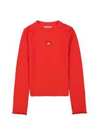 Top a maniche lunghe rosso a coste con scollo rotondo, caratterizzato da un piccolo motivo stampato nero sul petto e polsini sfilacciati alle maniche.