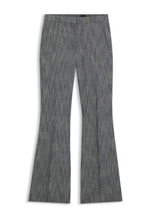 Pantaloni grigi a zampa d'elefante con motivo a righe verticali, dotati di vita aderente e texture delicata. Senza tasche visibili o decorazioni.