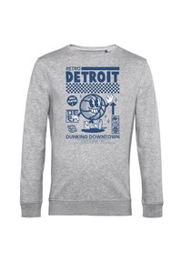 Felpa grigia a maniche lunghe con grafica blu di un personaggio di basket sorridente, "Detroit," motivo a scacchi e testo "Dunking Downtown".