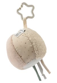 Soft plush ball toy with beige and pastel colors, dotted patterns, and multiple textured limbs. Features a star-shaped plastic clip.